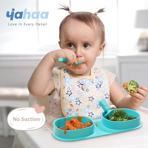yahaa Silicone Foldable Novelty Dinner Plates,Baby Plates Travel Essential with Forks and Spoons,Microwave & Dishwasher Safe,Aqua - Image 2