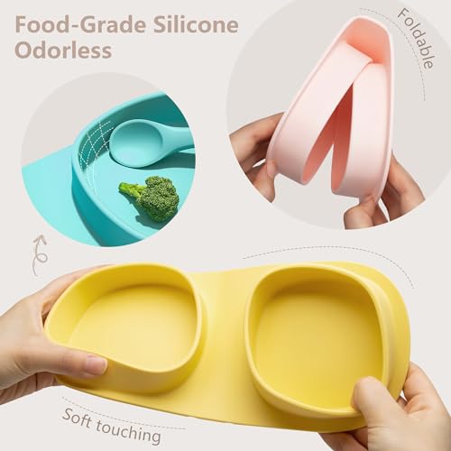 yahaa Silicone Foldable Novelty Dinner Plates,Baby Plates Travel Essential with Forks and Spoons,Microwave & Dishwasher Safe,Aqua - Image 4