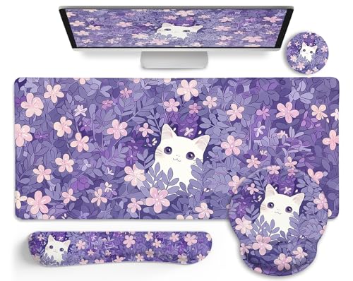 LIMKRIAN Purple Mouse Pad Large Desk Mat Set Kawaii Cat Computer Mouse Pad with Wrist Rest Keyboard Wrist Support XXL Mousepad Cup Coaster Set Cute Purple Office Desk Accessories Cat Decor Supplies - Image 1