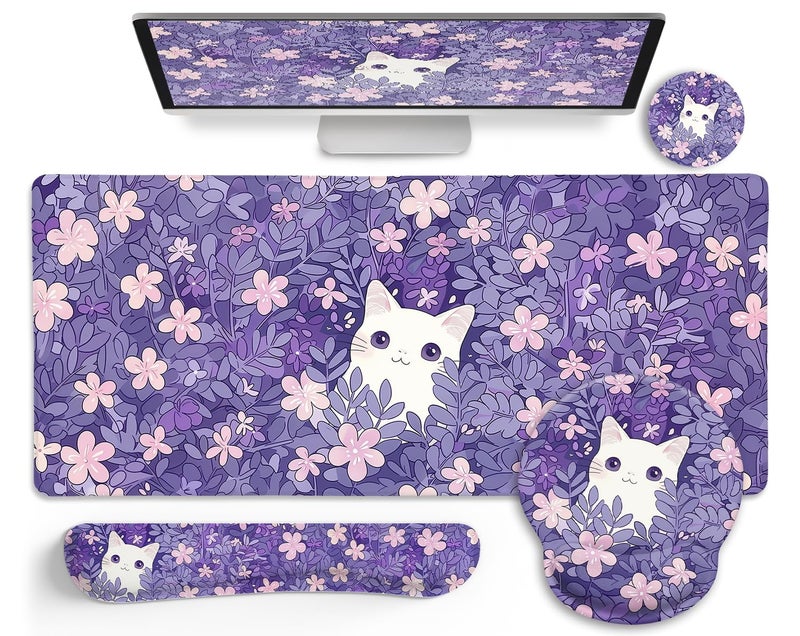 LIMKRIAN Purple Mouse Pad Large Desk Mat Set Kawaii Cat Computer Mouse Pad with Wrist Rest Keyboard Wrist Support XXL Mousepad Cup Coaster Set Cute Purple Office Desk Accessories Cat Decor Supplies - Image 2