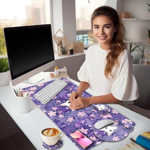 LIMKRIAN Purple Mouse Pad Large Desk Mat Set Kawaii Cat Computer Mouse Pad with Wrist Rest Keyboard Wrist Support XXL Mousepad Cup Coaster Set Cute Purple Office Desk Accessories Cat Decor Supplies - Image 3