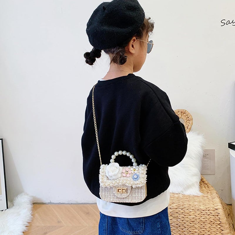 Forwe Store حقيبة كتف صغيرة للفتيات الصغيرات مزينة بزهور اللؤلؤ - حقائب يد أميرة صغيرة وجميلة بحزام كتف - Image 4