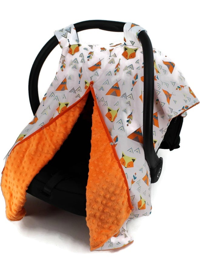 Dear Baby Gear Car Seat Canopy, Fox And Teepees, Orange Minky - Image 1