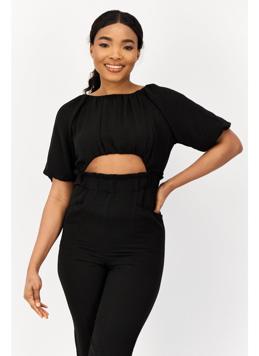 ONLY Women Textured Short Sleeve Jumpsuit, Black  - Image 3