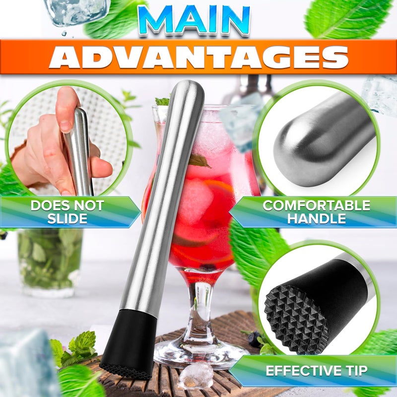 LAGARTO 2 Pcs Bar Muddler for Cocktails â€“ 8" Stainless Steel Cocktail Muddler for Lemonade, Essential Bar Supplies and Accessories â€“ Lemon Smasher & Fruit Smasher for Drinks Mixing & Lemonade Stand Supplies - Image 4