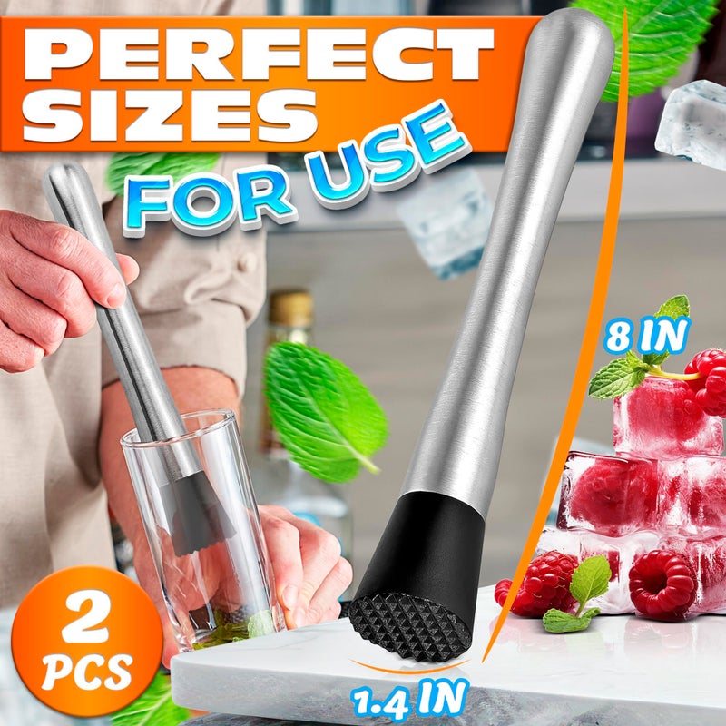 LAGARTO 2 Pcs Bar Muddler for Cocktails â€“ 8" Stainless Steel Cocktail Muddler for Lemonade, Essential Bar Supplies and Accessories â€“ Lemon Smasher & Fruit Smasher for Drinks Mixing & Lemonade Stand Supplies - Image 2