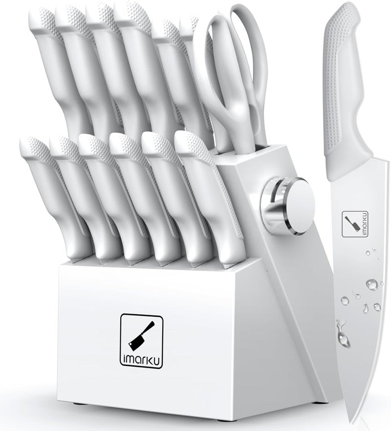imarku Kitchen Knife Set, Japanese Knives Set For Kitchen, Stainless Steel Knife Set With Block, Kitchen Gadgets, White, Anti-Slip Handle, Dishwasher Safe - Image 1