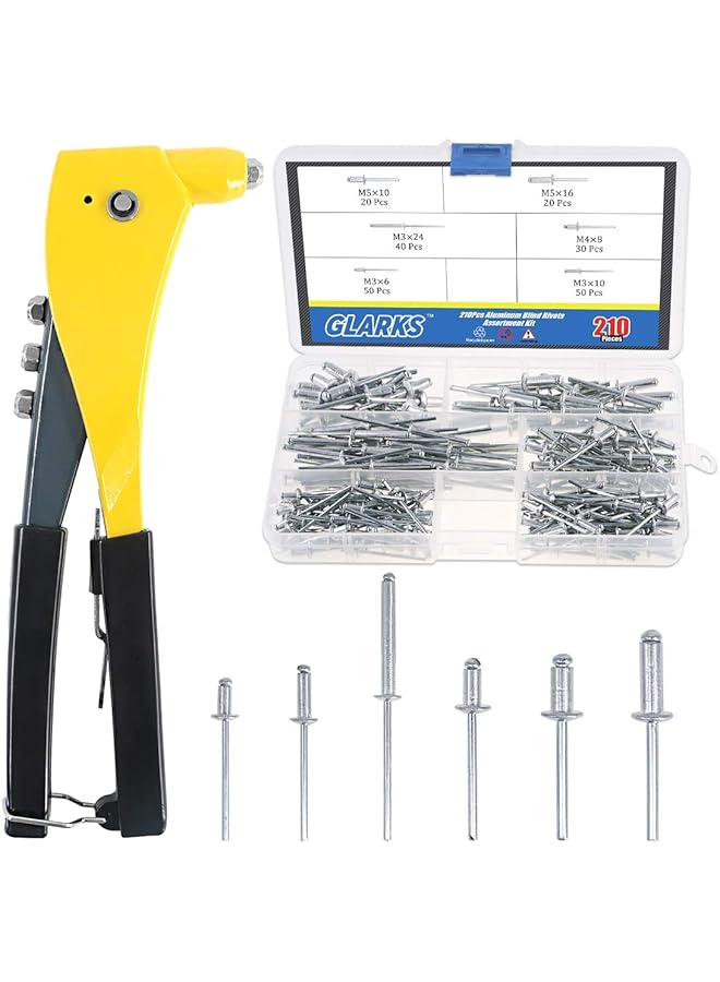 Glarks Heavy Duty Riveter Set, 210Pcs Aluminum Blind Rivets Assortment Kit And A Professional Pop Rivet Gun For Sheet Metal, Automotive, Railway, And Duct Work (Rivet Gun With Rivets Set) - Image 1