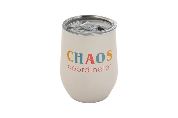 Pearhead Chaos Coordinator Stainless Steel Wine Tumbler with Press-In and Slide Locking Lid, Mothers Day Stemless Wine Glass Tumbler Mug, New Mom Accessory, 12oz