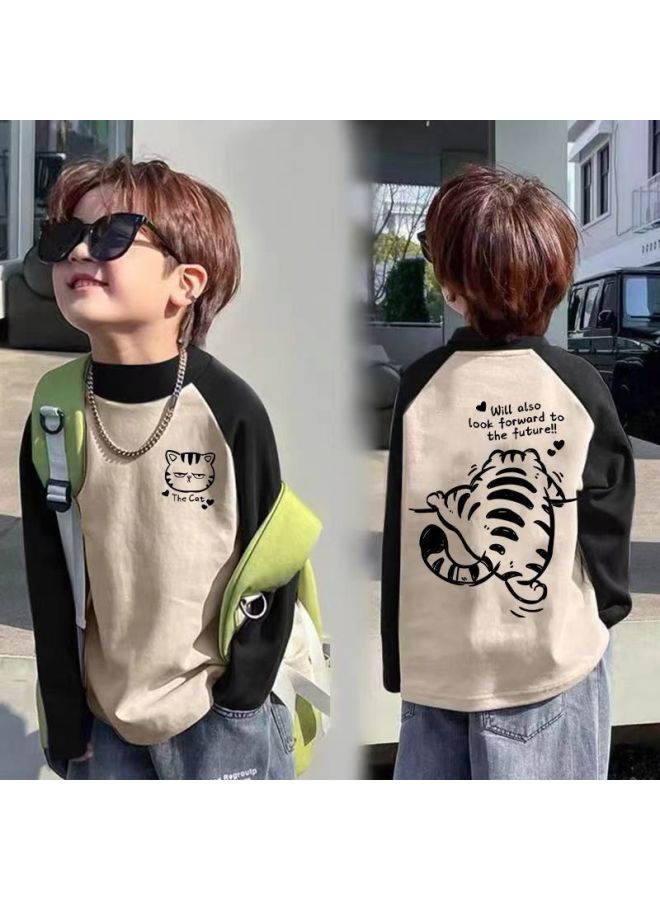 Children's Half Turtleneck Velvet Bottoming Shirt Autumn And Winter New Boys' Raglan Contrasting Color Long-sleeved T-shirt Medium And Large Kidsren's Tops