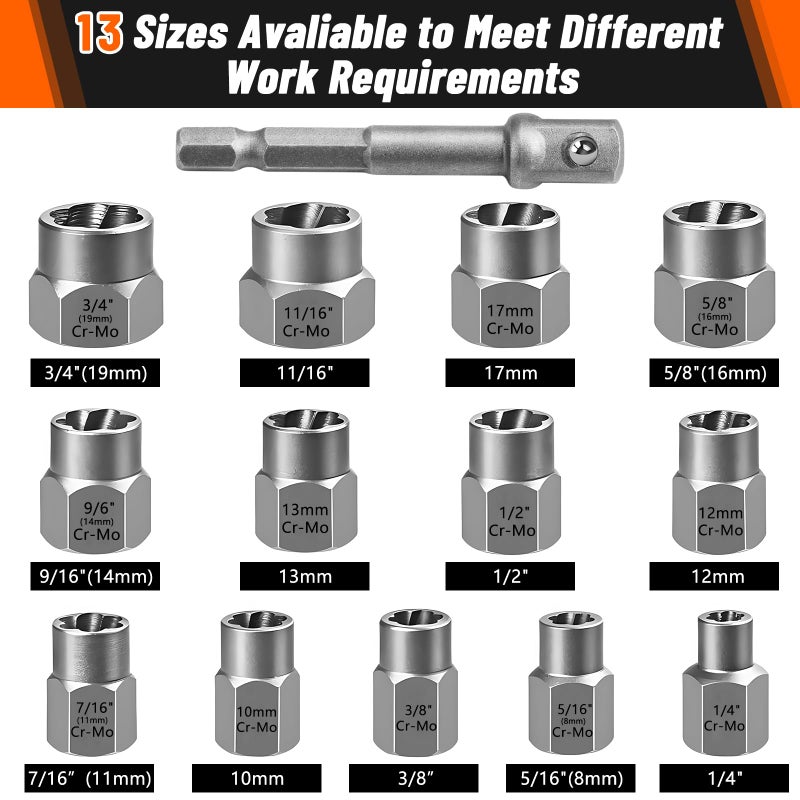 Yejesiy 14PCS Premium Bolt Extractor Kit, Stripped Bolt Extractor Socket Set with 3/8 Inch Adapter, Easy Out Lug Nut Remover for Rusted, Rounded, Damaged Nuts Screws - Image 2