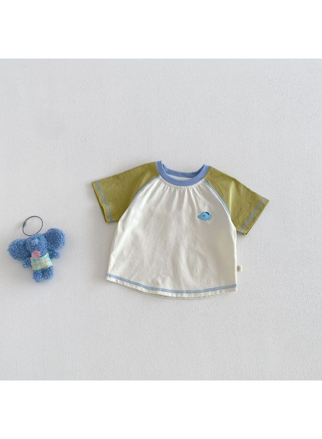 Baby Korean-style Cartoon T-shirt 2026 New Summer Boys' Fashion Print Color Block Thin Top Children's Summer Clothes