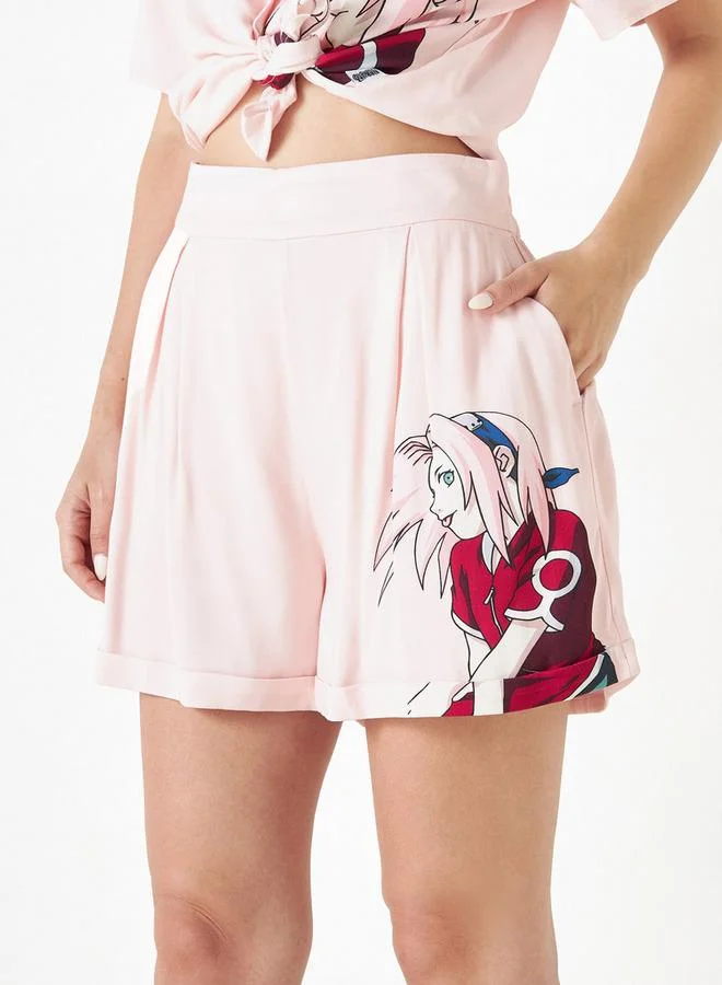 Naruto Sakura Print Shorts with Pockets