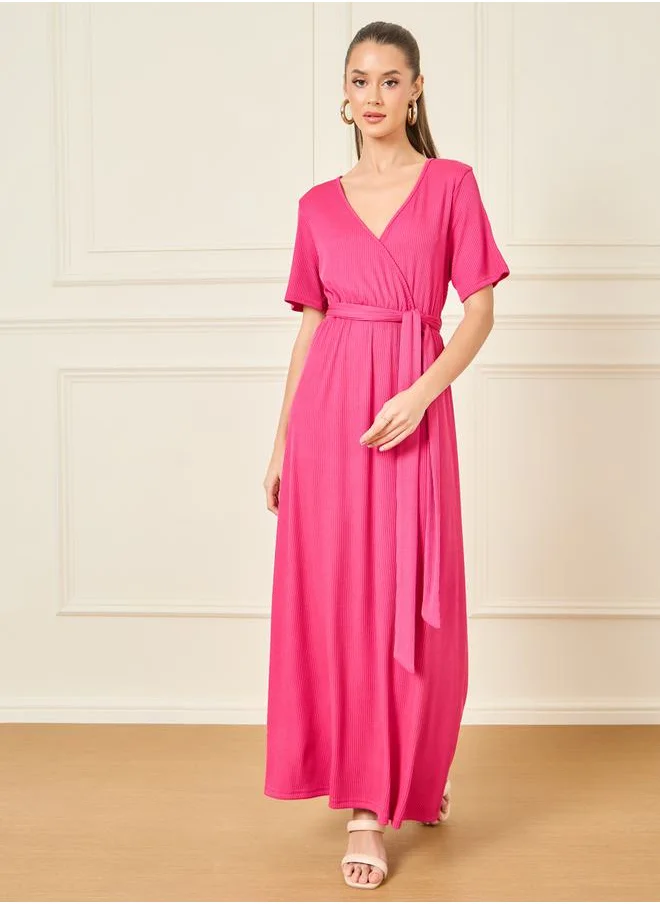 Styli Textured V Neck A-Line Maxi Dress with Waist Tie Up