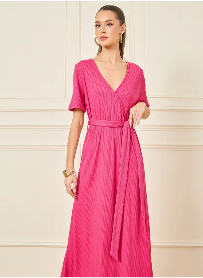 Styli Textured V Neck A-Line Maxi Dress with Waist Tie Up