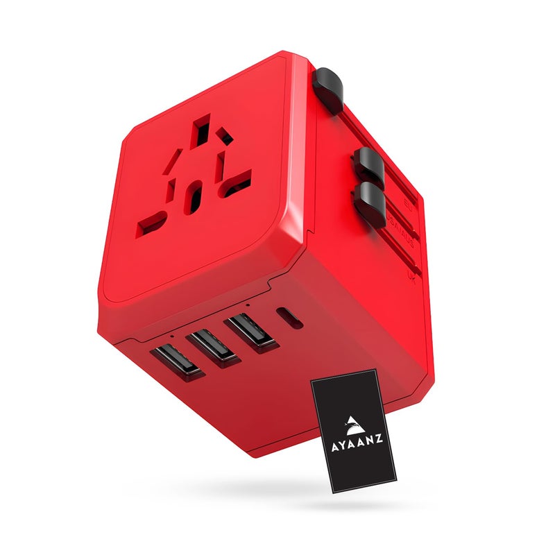 MANGO AYAANZ Universal Travel Adapter Worldwide International Travel Adapter 1 AC Outlet 3 USB 1 TypeC PD Cube Charging Station Power Adapter Smart Socket for Home Travel  Office Red