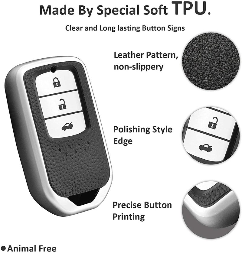 JVCV® Premium Soft TPU Leather Pattern Key Cover Compatible with Honda City, Elevate, Civic, Jazz, Amaze, CR-V, WR-V, BR-V 3 Button Push Button Start Smart Key (Silver) - Image 3