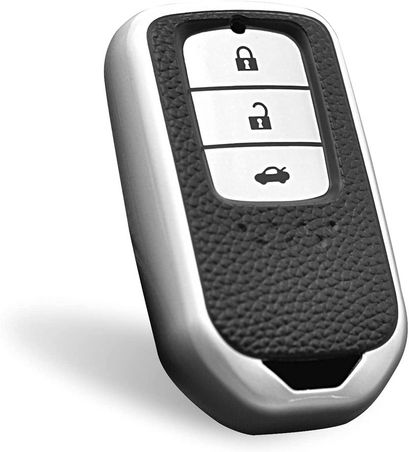 JVCV® Premium Soft TPU Leather Pattern Key Cover Compatible with Honda City, Elevate, Civic, Jazz, Amaze, CR-V, WR-V, BR-V 3 Button Push Button Start Smart Key (Silver) - Image 1