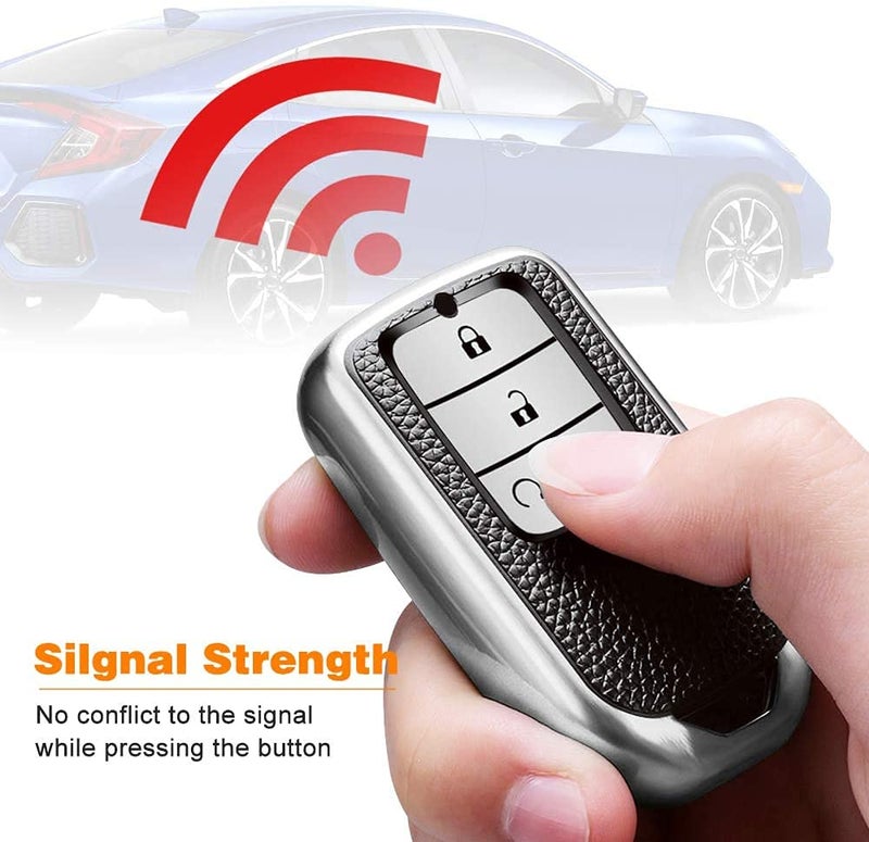 JVCV® Premium Soft TPU Leather Pattern Key Cover Compatible with Honda City, Elevate, Civic, Jazz, Amaze, CR-V, WR-V, BR-V 3 Button Push Button Start Smart Key (Silver) - Image 5