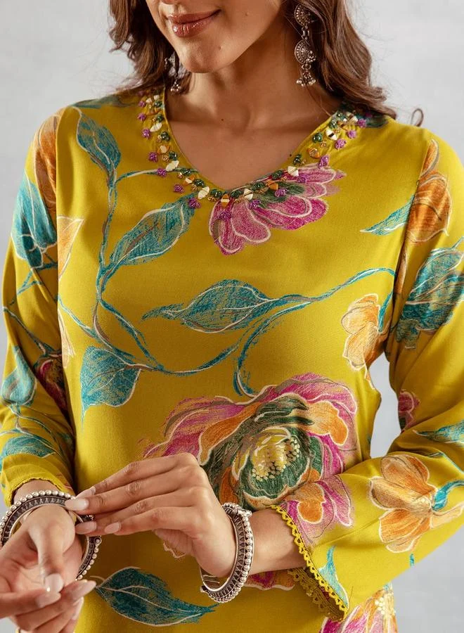ISHIN Women's Green Rayon Printed Tunic Upper Calf Length Palazzo Bottom Straight Fit 2 Peice Kurta Set