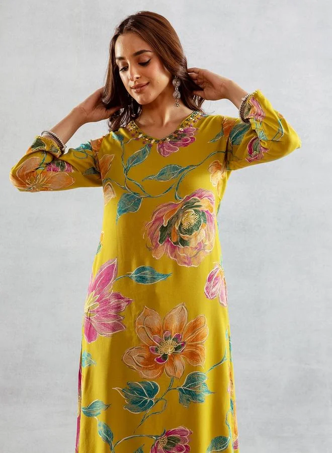ISHIN Women's Green Rayon Printed Tunic Upper Calf Length Palazzo Bottom Straight Fit 2 Peice Kurta Set