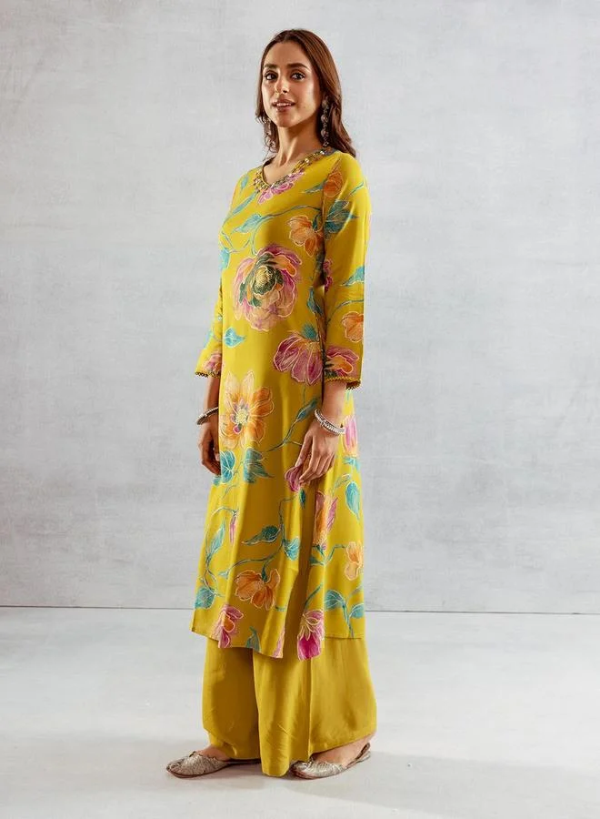 ISHIN Women's Green Rayon Printed Tunic Upper Calf Length Palazzo Bottom Straight Fit 2 Peice Kurta Set
