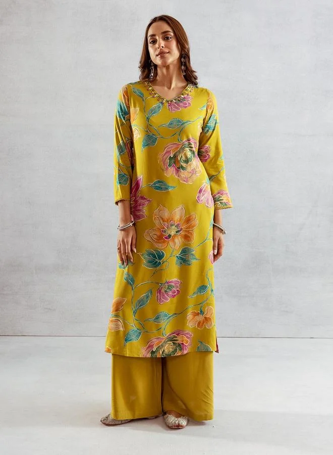 آي شين Women's Green Rayon Printed Tunic Upper Calf Length Palazzo Bottom Straight Fit 2 Peice Kurta Set