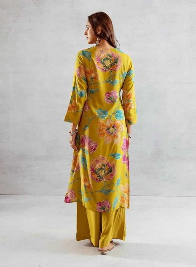 آي شين Women's Green Rayon Printed Tunic Upper Calf Length Palazzo Bottom Straight Fit 2 Peice Kurta Set