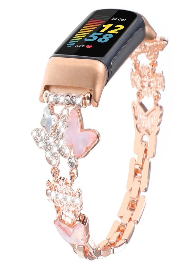 سوار معدني متوافق مع Fitbit Charge 6/ Fitbit Charge 5 للنساء، سوار بديل أنيق مزين برسومات كرتونية لطيفة لساعة Fitbit Charge 5 6 لتتبع اللياقة البدنية (فراشة ذهبية وردية) - Image 1