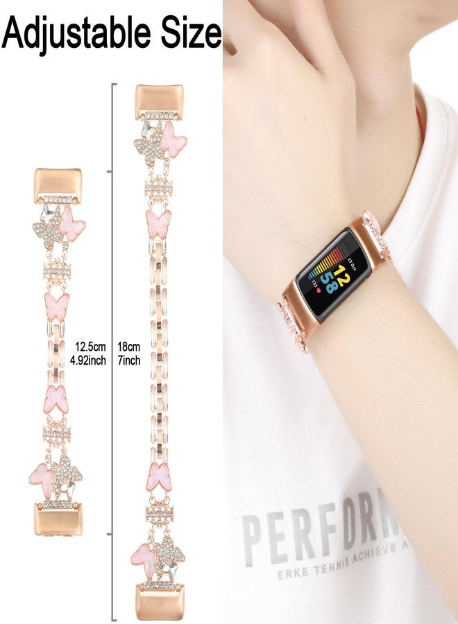 سوار معدني متوافق مع Fitbit Charge 6/ Fitbit Charge 5 للنساء، سوار بديل أنيق مزين برسومات كرتونية لطيفة لساعة Fitbit Charge 5 6 لتتبع اللياقة البدنية (فراشة ذهبية وردية) - Image 5