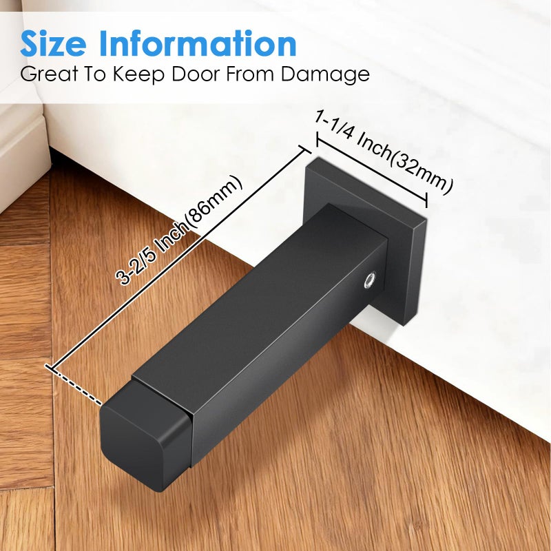Gudui Door Stoppers, Black Door Stops, Wall Mounted, Modern Heavy Duty Doorstop for Bottom of Door with Wall Protector Rubber Bumper, 3.4 Inch Square Door Stop, 2 Pack - Image 2