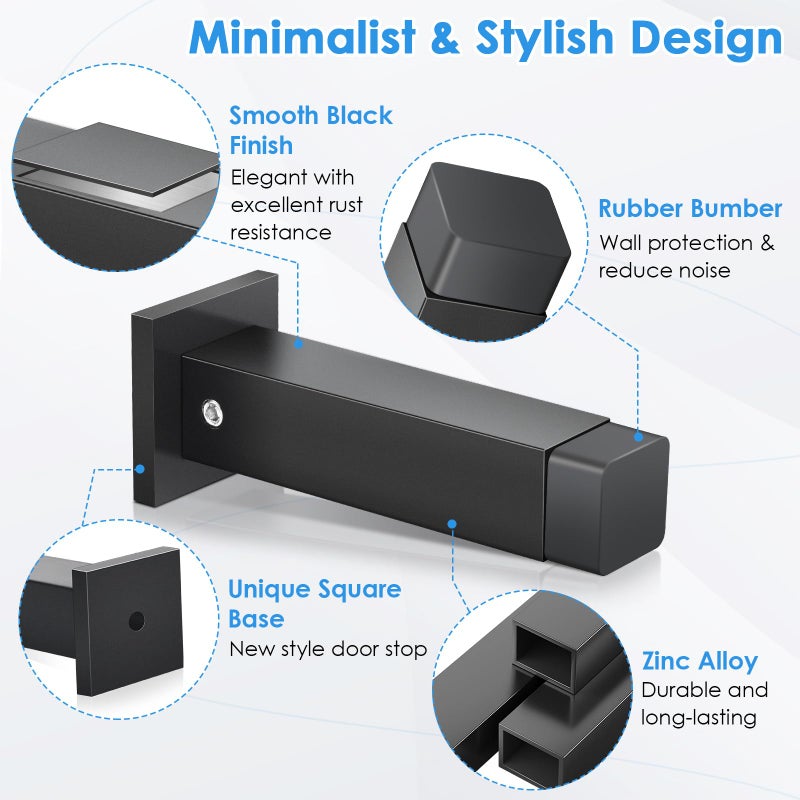 Gudui Door Stoppers, Black Door Stops, Wall Mounted, Modern Heavy Duty Doorstop for Bottom of Door with Wall Protector Rubber Bumper, 3.4 Inch Square Door Stop, 2 Pack - Image 3
