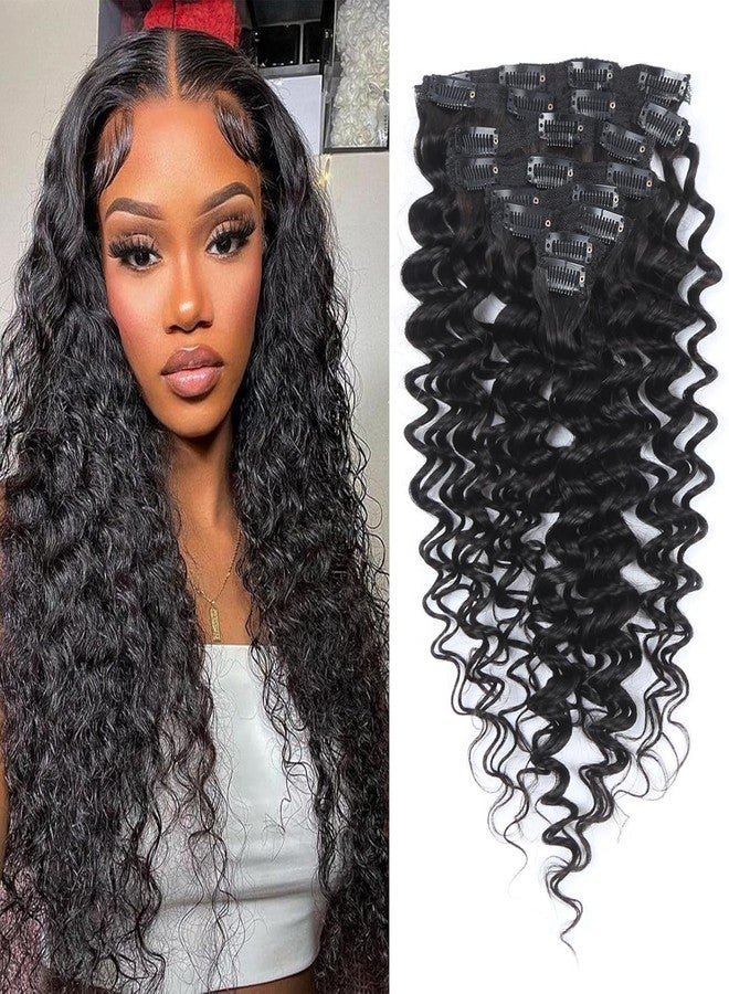 FQ Clip in Hair Extensions Real Human Hair 16 Inch Remy Human Hair Extensions for Women Double Weft Seamless Clip ins Brazilian Deep Wave Curly Human Hair Extensions 8Pcs 100g 20 Clips Natural Black - Image 1