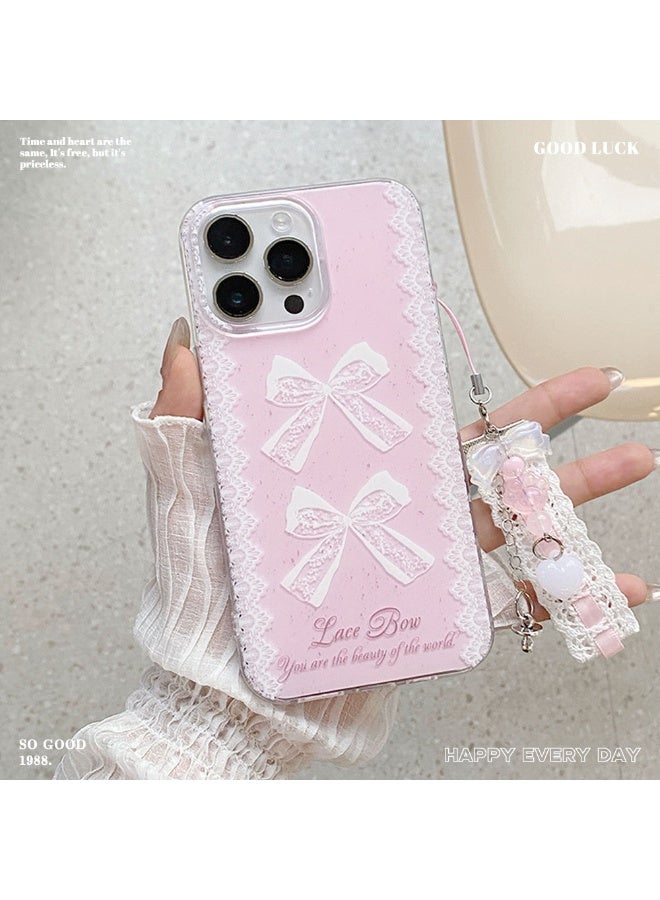 NIBEMINENT Lace Bow Protective TPU Case Cover For iPhone 15 Plus, Foundation Lace Bow With Ribbon Pendant - Image 3