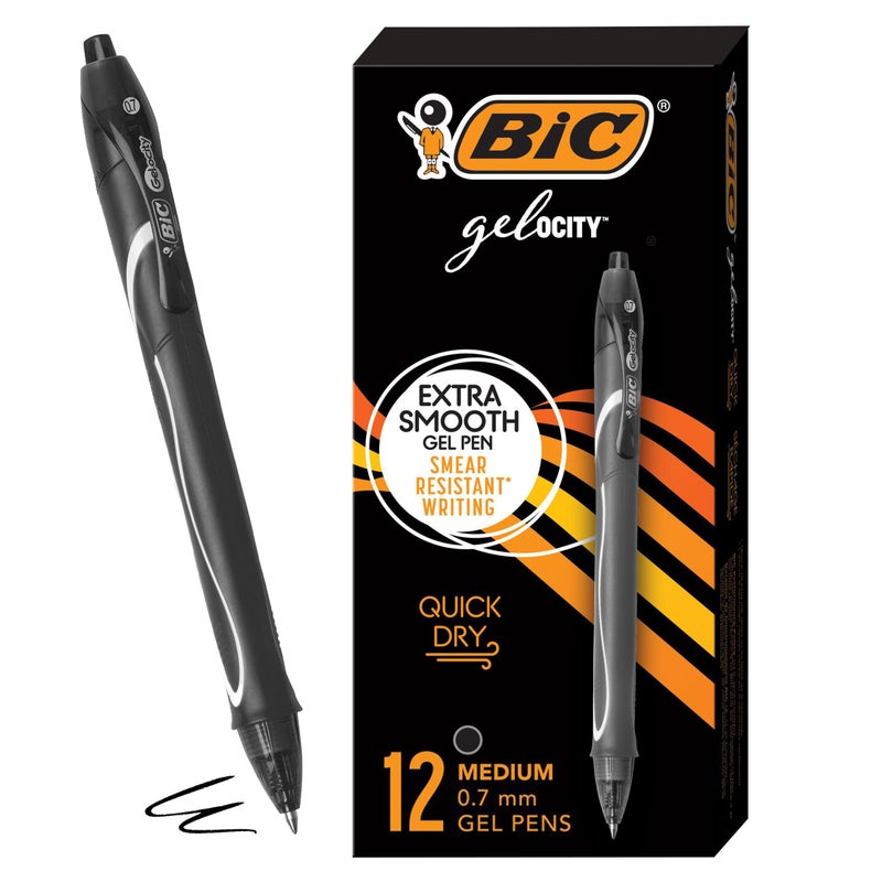 BIC Gelocity Quick Dry Black Gel Pens, Medium Point (0.7mm), 12-Count Pack, Retractable Gel Pens With Comfortable Full Grip - Image 1