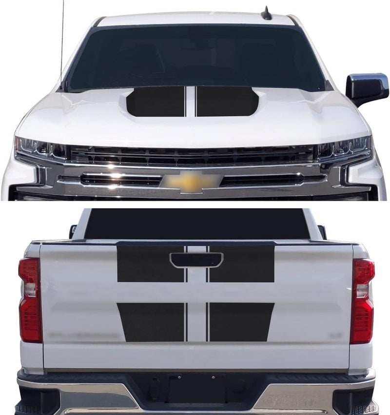 Gomu Hood & Tailgate Rally Style Stripes Graphic Overlay Pre Cut Vinyl Decal for Chevrolet Silverado 1500 (2019-2021) - Matte Black - Image 1