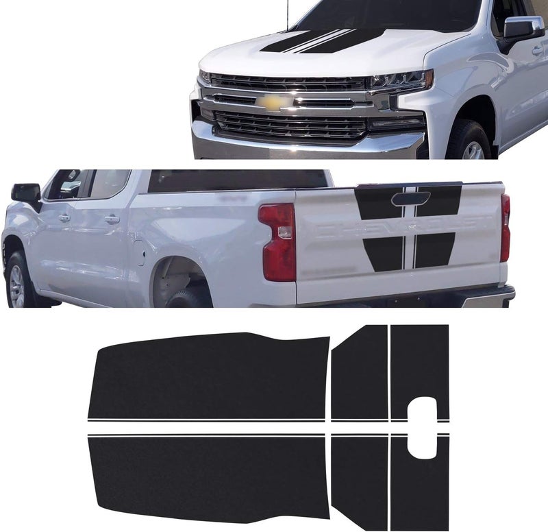 Gomu Hood & Tailgate Rally Style Stripes Graphic Overlay Pre Cut Vinyl Decal for Chevrolet Silverado 1500 (2019-2021) - Matte Black - Image 2