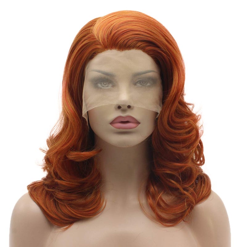 Lushy Medium Length 16inch Wavy Reddish Blonde Mix Synthetic Wig, Heat Friendly Heavy Density, Lace Front, Half Hand Tied, Wig
