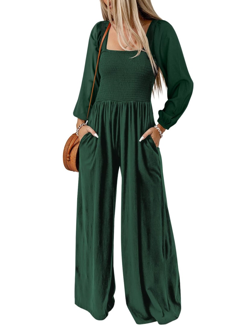 Dokotoo Womens Plus Size Green Jumpsuits for Women Overalls Loose Casual Wide Leg One Piece Long Sleeve Solid Jumpsuit Long Pant Rompers with Pockets X-Large - Image 1