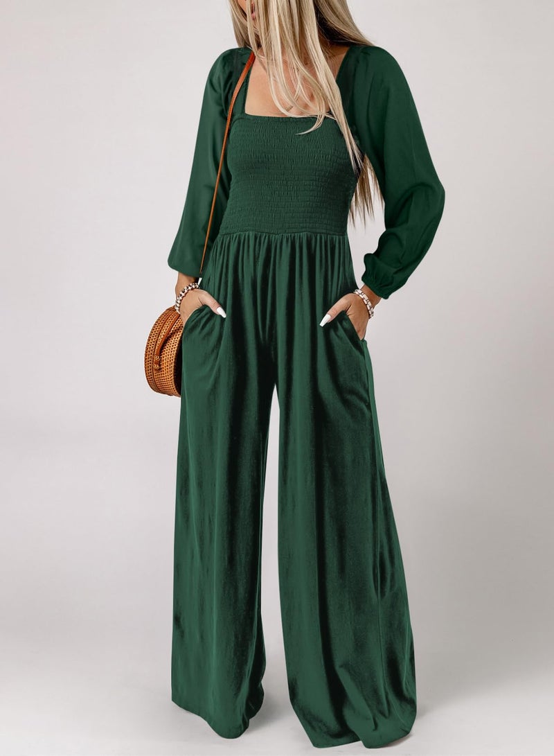 Dokotoo Womens Plus Size Green Jumpsuits for Women Overalls Loose Casual Wide Leg One Piece Long Sleeve Solid Jumpsuit Long Pant Rompers with Pockets X-Large - Image 2