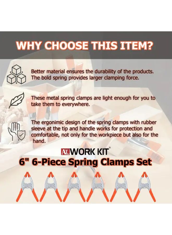 6 قطع 6 بوصة مشابك زنبركية معدنية ثقيلة فتحة الفك 2.5 بوصة لأعمال النجارة - Image 3