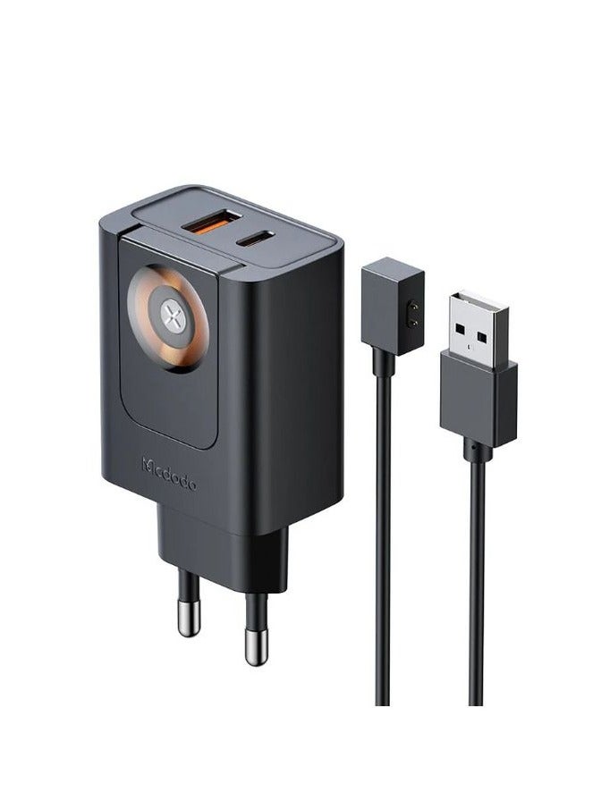 مكدودو ماكدودو CH-3700- شاحن مدمج 2 في 1 بقوة 30 واط مع شاحن ساعة أبل مدمج - منفذ مزدوج USB-C + USB PD شحن سريع - أسود - Image 1