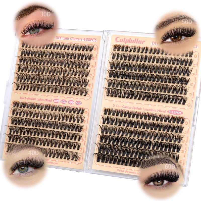 calphdiar Wispy Lash Clusters 30D+40D+50D+60D Individual Lashes 480PCS Eyelash Clusters Natural Volume Lashes Clusters D-curly Cluster Eyelash Extensions 8-18MM DIY Lash Extension at Home - Image 1