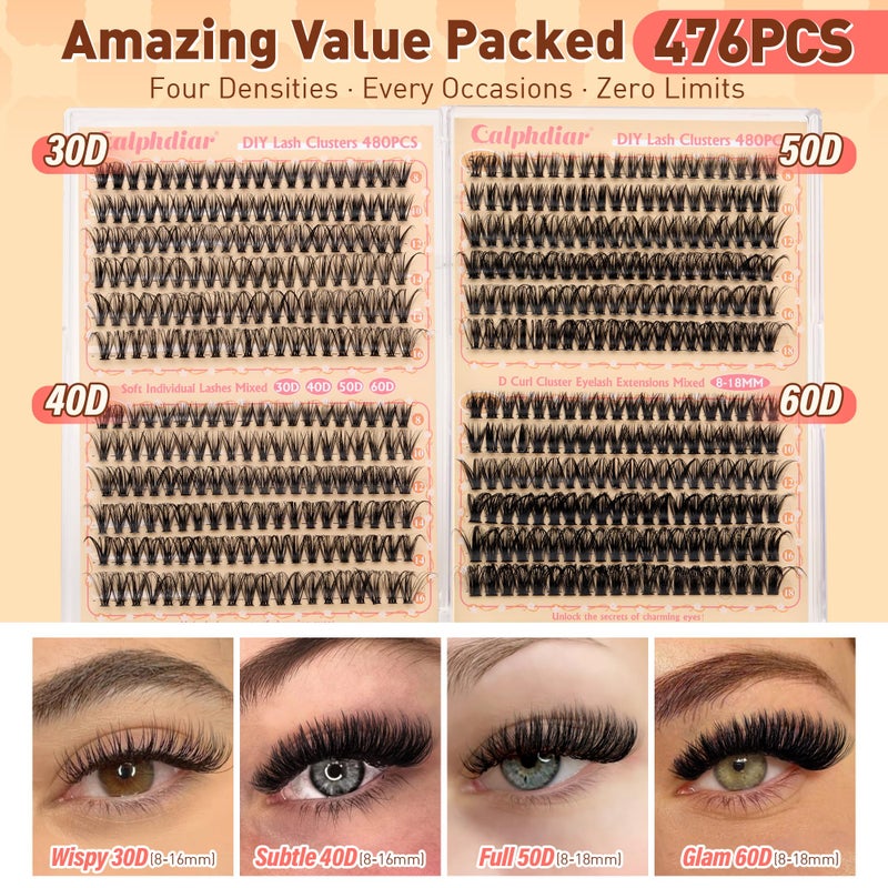 calphdiar Wispy Lash Clusters 30D+40D+50D+60D Individual Lashes 480PCS Eyelash Clusters Natural Volume Lashes Clusters D-curly Cluster Eyelash Extensions 8-18MM DIY Lash Extension at Home - Image 3