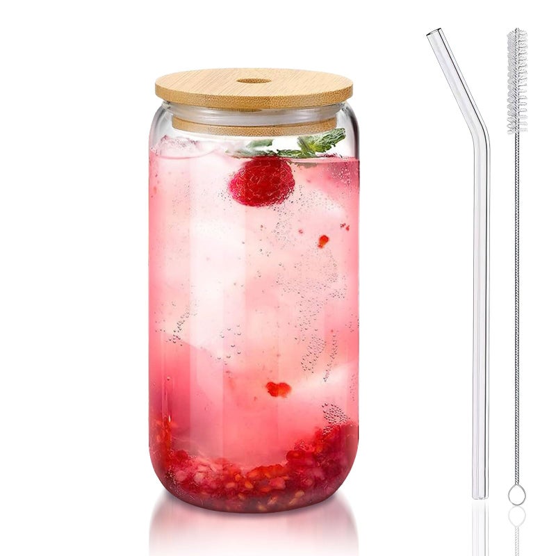 DAMCONME Glass Cups with Lids and Straws 1PackGlass Coffee CupsGlass Cup with Lid for Iced CoffeeSmoothieCocktailBeerWhiskeySodaMatcha16 Oz Glass Cup with Bamboo Lid1 Brush