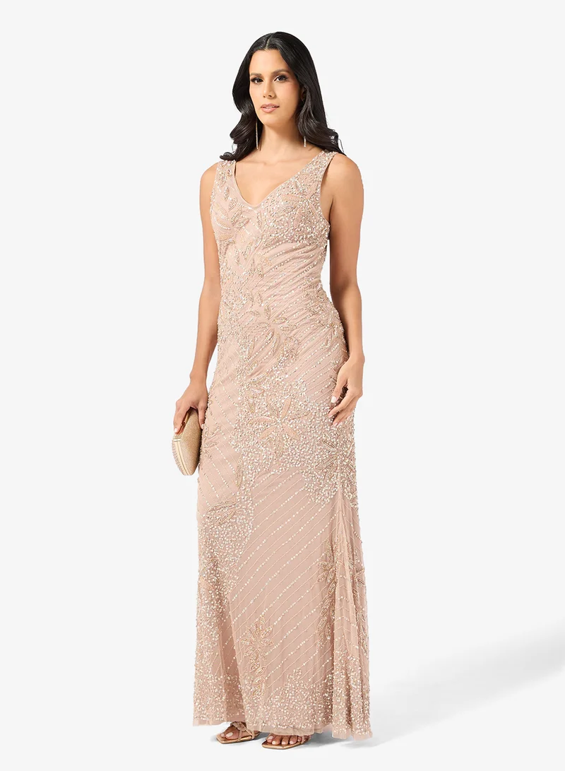 Plunge Neck Bead Embellished Evening Gown
