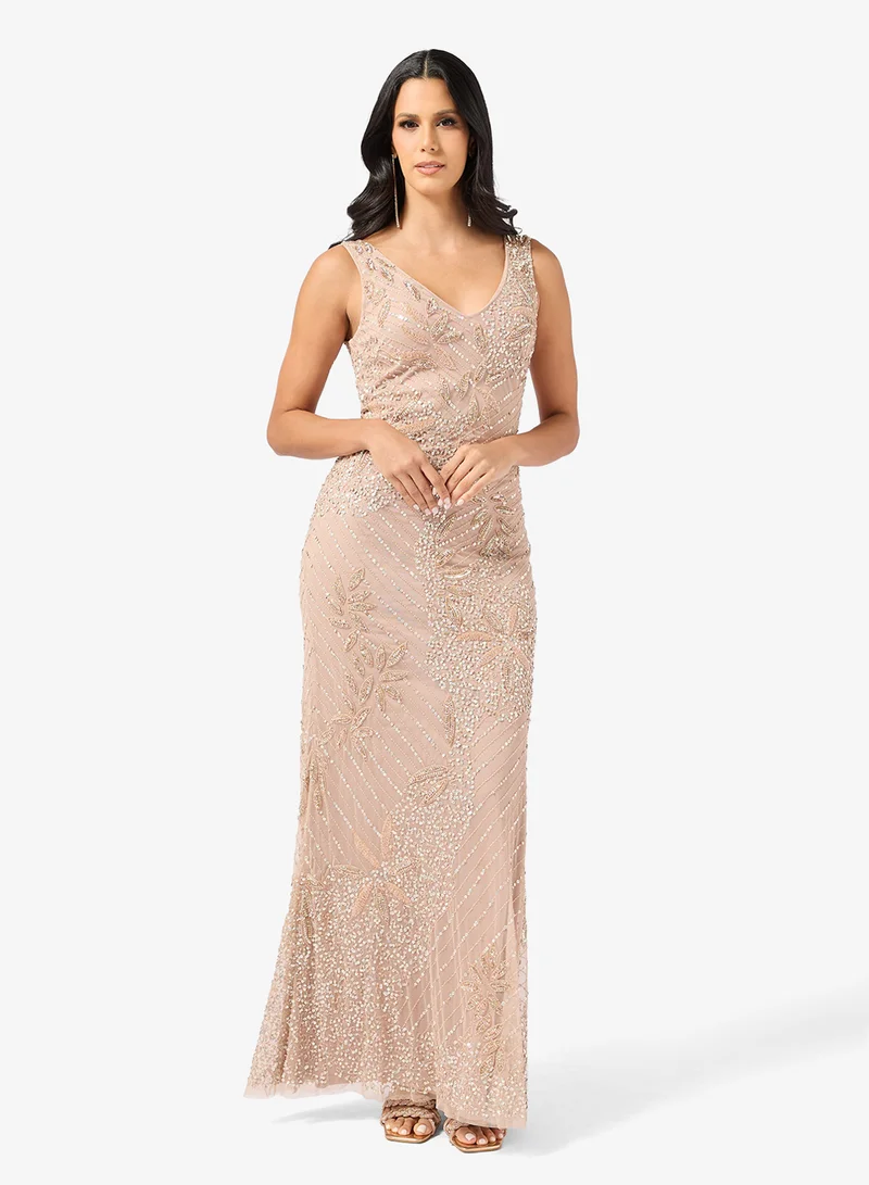 Namshi x  Plunge Neck Bead Embellished Evening Gown for Women | Best Price UAE