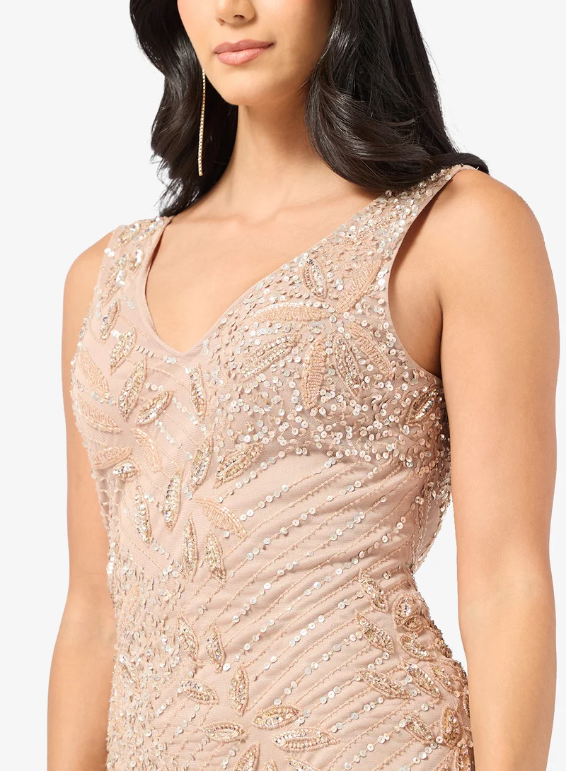 Namshi x  Plunge Neck Bead Embellished Evening Gown for Women | Best Price UAE