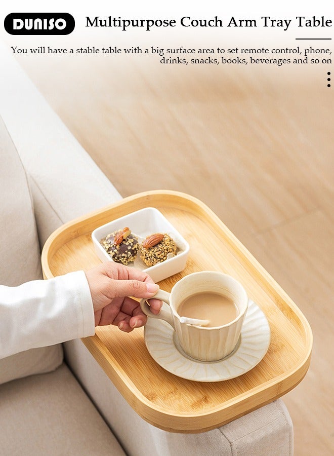 DUNISO طاولة ذراع أريكة قابلة للتثبيت من الخيزران، طاولة صينية للأريكة، صينية خشبية مستطيلة، صواني متعددة الاستخدامات للإفطار، طاولة قهوة/خادم والمزيد، صينية خشبية خفيفة ومتينة قابلة للطي لطاولة ذراع لتناول الطعام والشراب - Image 3