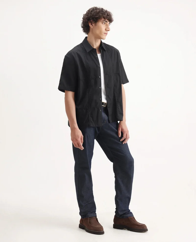Rare Rabbit Rare Rabbit Men's Basko Black Cotton Fabric Short Sleeve Collared Neck Button Closure Embroidered Shirt